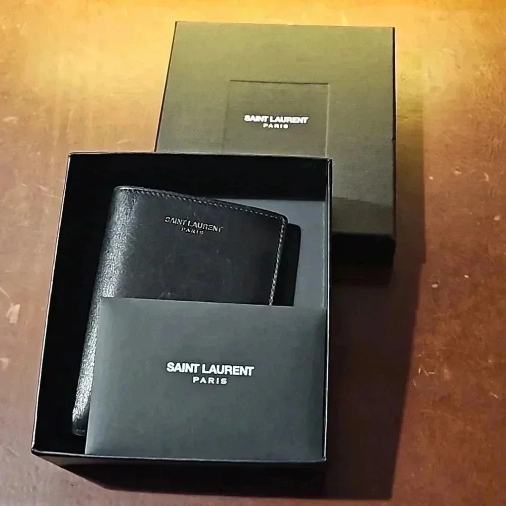 Saint Laurent Paris Credit Card Wallet Black Embossed Leather
